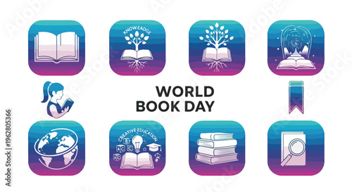 A vibrant World Book Day graphic illustration featuring various book-related icons on a white background with a colorful gradient
