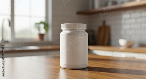 White plastic supplement bottle on wooden kitchen countertop surface