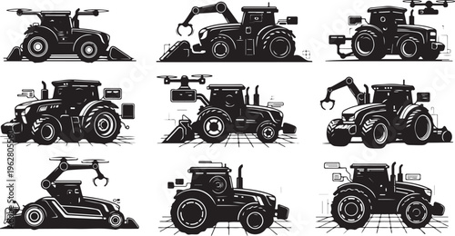 Tractors and excavators in various positions and actions illustration
