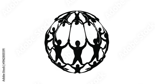 Silhouettes of people holding hands form a spherical shape representing global unity and community connection on a white background.