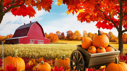 A wooden cart filled with pumpkins in a picturesque autumn setting near a red barn