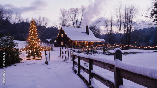 A beautifully decorated cabin nestled in a snowy landscape, complete with twinkling lights and a festive tree, perfect for winter celebrations