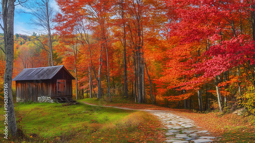 A serene path leads to a rustic cabin surrounded by vibrant autumn foliage, highlighting the beauty of fall in nature