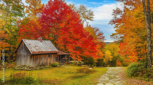 A cozy cabin surrounded by stunning red and orange trees, capturing the essence of autumns beauty and tranquility