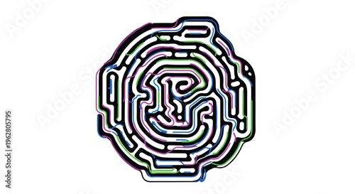 Circular digital maze or labyrinth graphic displays subtle chromatic aberration effects against a stark white background.