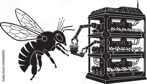 Cyborg bee working on robotic factory machinery system