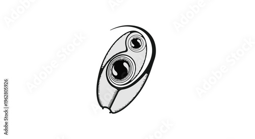 Stylized abstract black and white graphic element features two overlapping ovoid shapes containing concentric circles resembling eyes or internal mechanisms.
