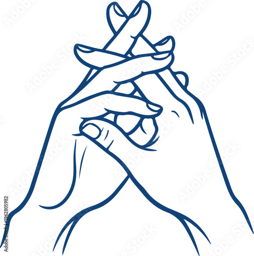Abstract hand gesture line art, yoga mudra or meditation concept, blue outline.