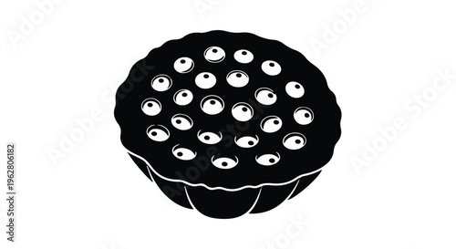 Black and white illustration of a lotus seed pod filled with numerous circular seeds.