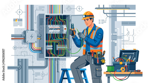 Electrician working on electrical panel with tools and equipment.