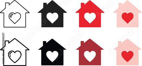 Real estate and family home icons featuring house shapes with hearts in red and pink colors
