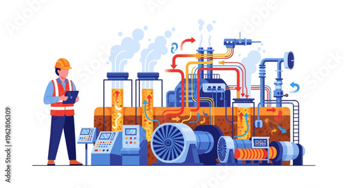 Engineer Inspecting Complex Industrial Power Generation Machinery.