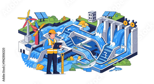 Engineer Inspecting Hydroelectric Power Plant Infrastructure.