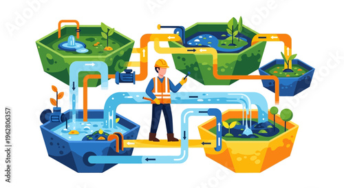 Engineer Overseeing Complex Water Treatment System with Multiple Ponds.