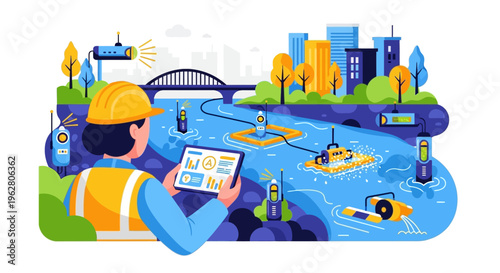 Engineer monitoring smart river technology with tablet device.