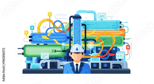 Engineer Standing Before Complex Industrial Machinery.