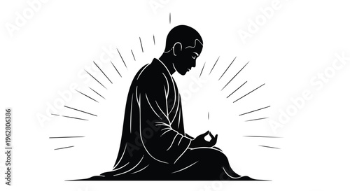 Monk silhouette sits in meditation pose emitting radiating energy lines against a white background.