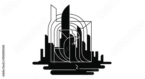 Abstract black and white graphic depicts a stylized cityscape silhouette with overlapping linear architectural forms suggesting modern urban complexity.