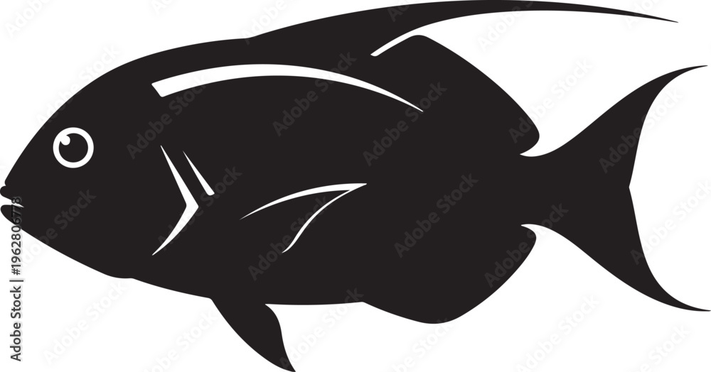Fototapeta premium Black Fish Silhouette Swimming in White Background Illustration