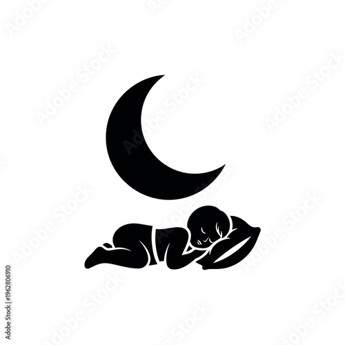 Baby sleeping peacefully under crescent moon.
