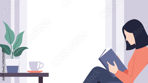 Tranquil flat illustration of a woman reading a book indoors, capturing a peaceful moment of relaxation and mindful living at home