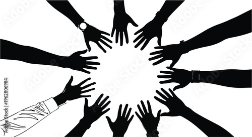Silhouettes of multiple diverse hands reach toward a central empty circle symbolizing teamwork and unity.