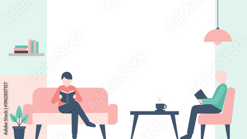 Cozy living room scene with two people relaxing and reading books, creating a tranquil and comfortable atmosphere for downtime and leisure