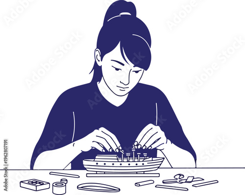 Young woman building a ship model, minimalist monoline vector illustration.