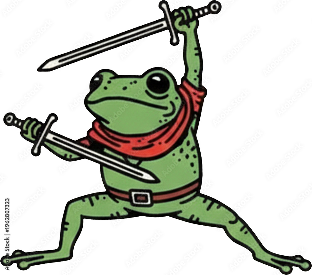 Naklejka premium Dynamic cartoon frog warrior wielding swords in action pose with red scarf.