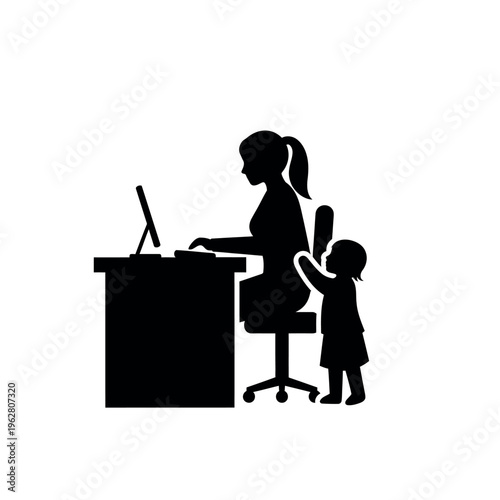 Mother working from home with child silhouette.