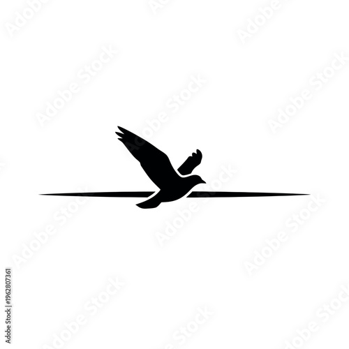 Silhouette of a bird in flight over a horizontal line.