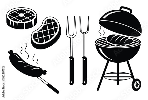 BBQ Grill Vector Illustration with Meat and Utensils