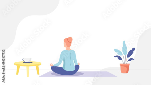 Serene woman practices mindful meditation at home, finding inner peace and tranquility in a calming personal space for wellness and self-care