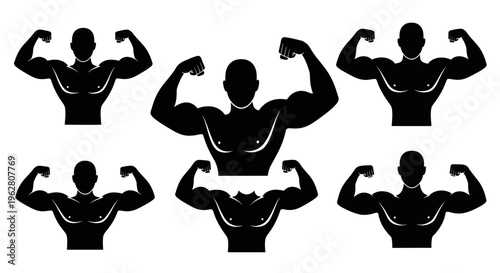 Silhouette of muscular men flexing arms.