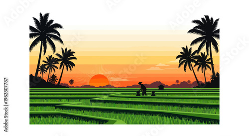 People working in green field.