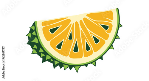 Jackfruit slice with green spiky skin.