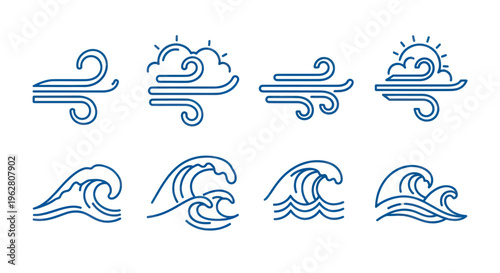 Weather icons with wave and wind.