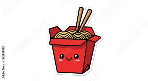 Smiling red takeout box with noodles.