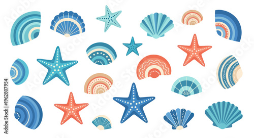 Colorful starfish and seashells illustration.