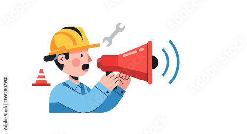 Man wearing yellow hard hat holding megaphone.