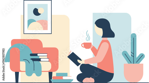 A comforting scene of quiet leisure a woman unwinding indoors, deeply absorbed in a good book while sipping a warm drink, embodying peace and personal well-being