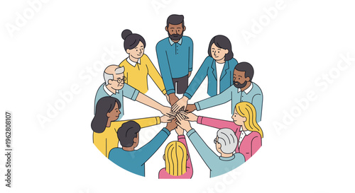 Diverse group of people joining hands.