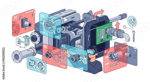 Exploded view of complex industrial machinery with components.