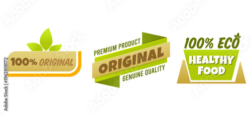 Natural organic product stickers with green leaves for eco friendly branding and marketing