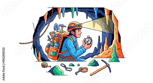 Explorer in cave holding compass and shining light.