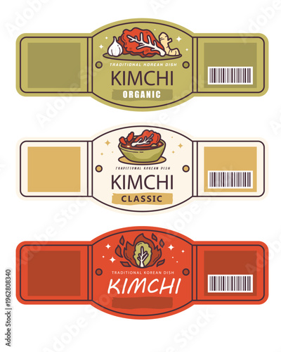 Traditional kimchi packaging labels for organic and classic variants of korean food dishes