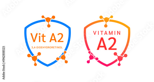 Vitamin A2 shield icon collection for product label design. Molecule form simple line. Isolated on a white background. Medical symbol concept. Vector EPS10 illustration.