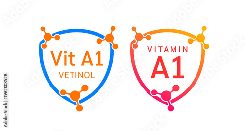 Vitamin A1 shield icon collection for product label design. Vetinol molecule form simple line. Isolated on a white background. Medical symbol concept. Vector EPS10 illustration.