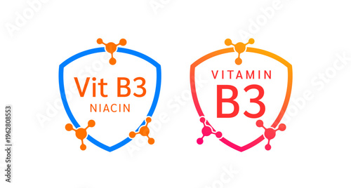 Vitamin B3 shield icon collection for product label design. Niacin Acid molecule form simple line. Isolated on a white background. Medical symbol concept. Vector EPS10 illustration.
