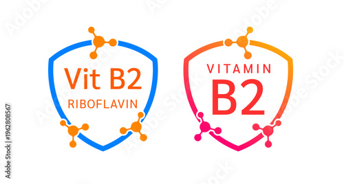 Vitamin B2 shield icon collection for product label design. Riboflavin molecule form simple line. Isolated on a white background. Medical symbol concept. Vector EPS10 illustration.